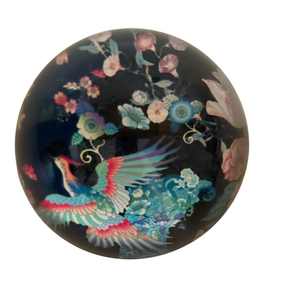 Clear Glass Dome Paperweight With Floral & Phoenix Design Black Background - Picture 5 of 7